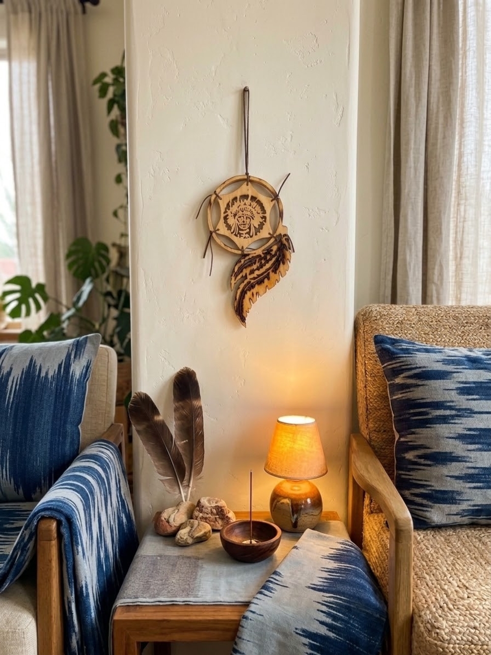 Wooden Dreamcatcher Wall Hanging Decor, Native American Chief & Feather, 10 in